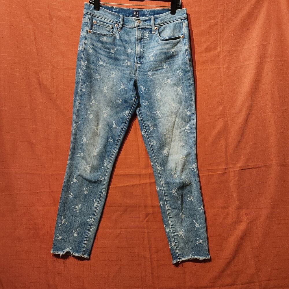 Gap Blue Floral Print Skinny Ankle Jeans W Fringe Cuff Sz 10/ Waist 30 Demin